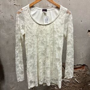 Vintage Y2K Agenda White Sheer Lace Longline White Blouse Top Large Bride Fairy